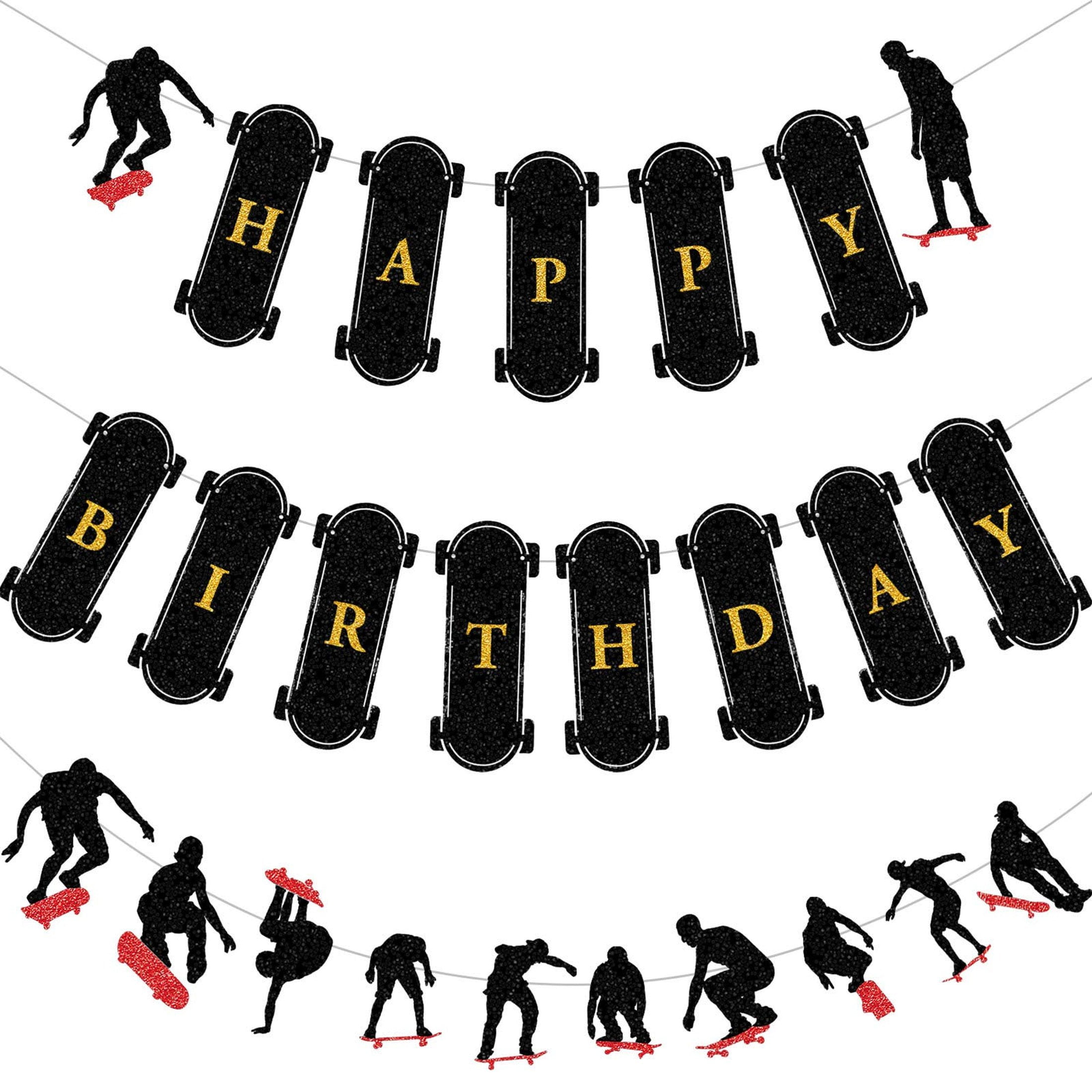 Black Glitter Skateboard Cake Topper - Skateboarding Theme Birthday Party Decorations