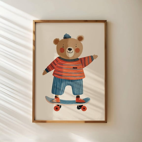 Skateboarding Bear Nursery Art Playroom Decor, 12x18 UNFRAMED