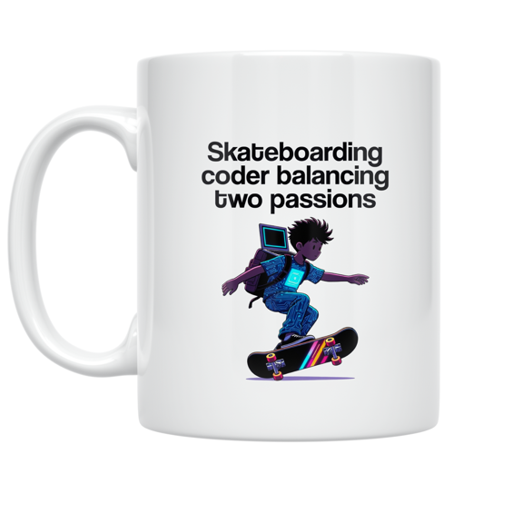 Skateboarding Coder Balancing Two Passions - Tech Enthusiast - 11 oz Ceramic Coffee Mug
