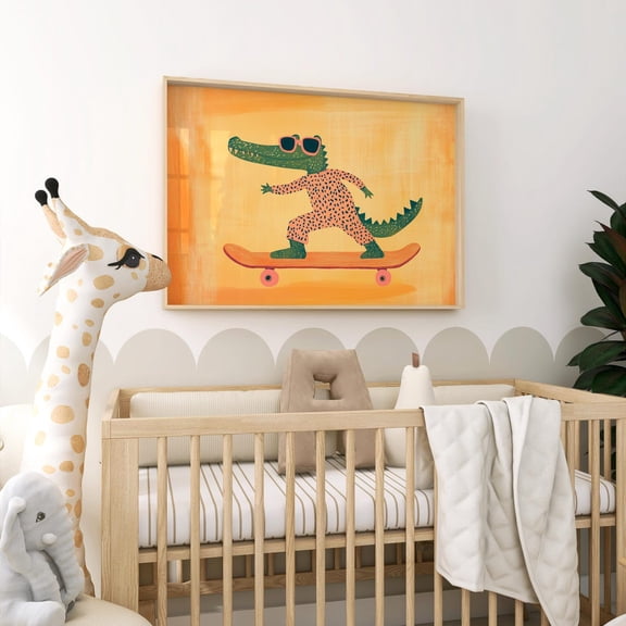 Skateboarding Crocodile Playroom Wall Art, Playful Alligator Children’S Poster, Colorful Nursery Animal Print, Cute Orange Boys Room Decor Wall Art, Modern Wall Decor, 8x12 UNFRAMED
