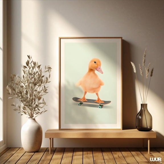 Skateboarding Duck Illustration Wall Art Playroom Decor, Unframed Paper Print Size 8x12