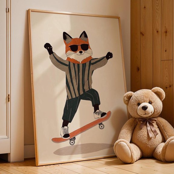 Skateboarding Fox Nursery Wall Art Whimsical Animal Print Playful Children Unframed Paper Print