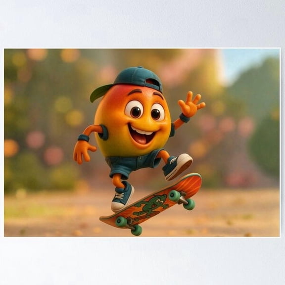Skateboarding Mango Character Illustration Poster, Poster Home Decor , Poster Print Only