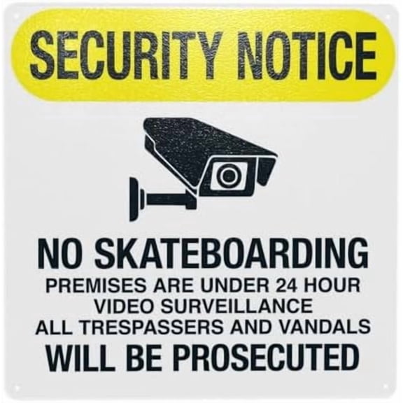 No Skateboarding Premises Are Under 24 Hour Video Surveillance Warning,Security Notice Metal Signs for Home Busines Yard Garage Street Wall Caution Decor 8 x 12 Inch