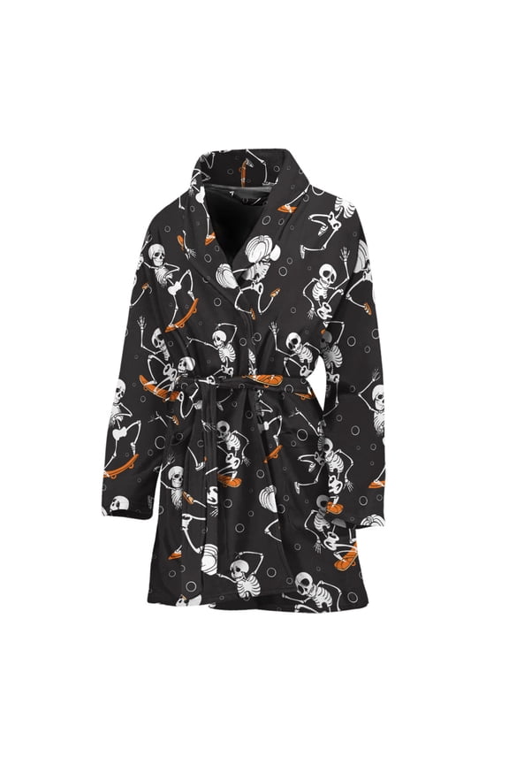 Skateboarding Skeleton Pattern Women Bathrobe One Size Univeral Fits, Skeleton Fashion Lightweight Plush Fleece Long Robe For Women