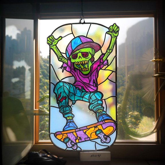 Skateboarding Skeleton Wavy Acrylic Suncatcher, Colorful Faux Wavy Acrylic, Halloween Window Hanging