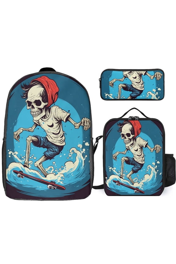 Skateboarding Skeleton on Waves Backpack Student BookBag Bag Shoulder Bags 3ps Insulated Lunch Bag Pencil Case
