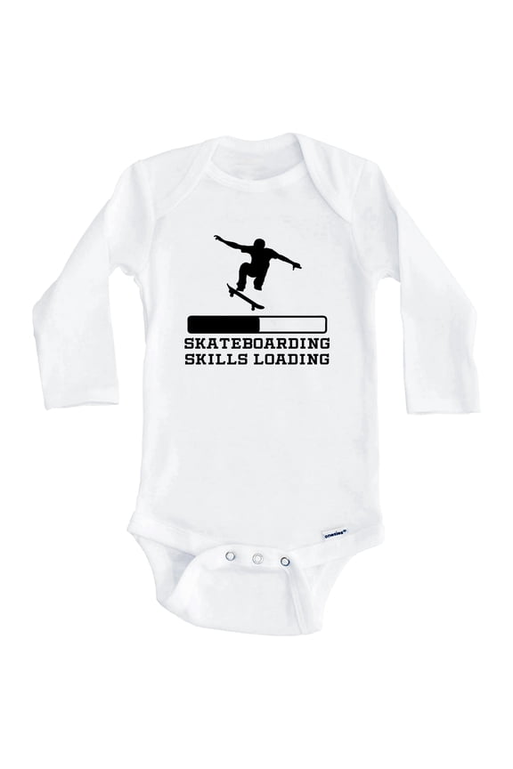 Skateboarding Skills Loading Funny Skateboard Humor One Piece Baby Bodysuit (Long Sleeve), 3-6 Months White