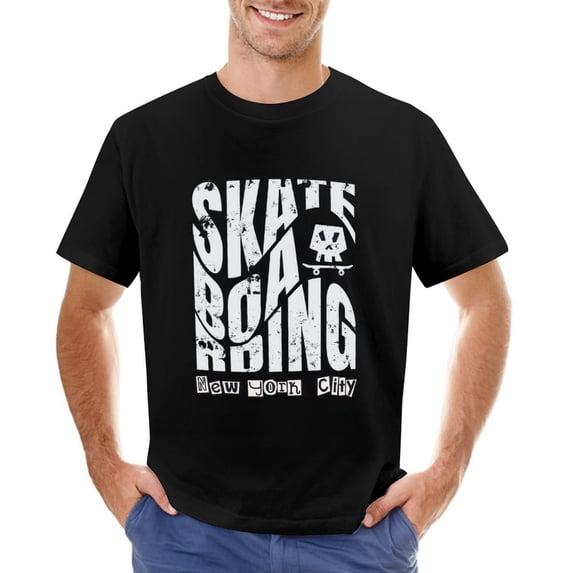 Skateboarding in New York City Men’s T-Shirt 100% Cotton Casual Short Sleeve Tops Gift Tee Black XL
