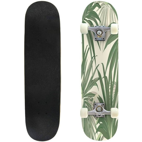 Skateboards for Beginners Floral seamless green bamboo palm leaves light brown pastel vintage 31"x8" Maple Double Kick Concave Boards Complete Skateboards Outdoor for Adults Youths Kids Teens Gifts