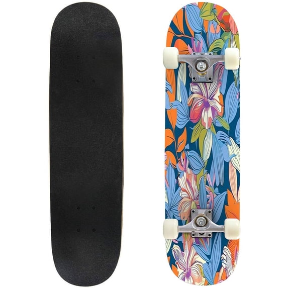 Skateboards for Beginners Floral seamless tropical bright plants leaves delicate blue Summer 31"x8" Maple Double Kick Concave Boards Complete Skateboards Outdoor for Adults family friends Gifts
