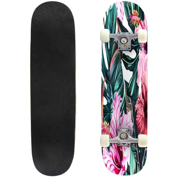 Skateboards for Beginners Floral seamless tropical exotic flowers palm leaves jungle leaf 31"x8" Maple Double Kick Concave Boards Complete Skateboards Outdoor for Adults family friends Gifts