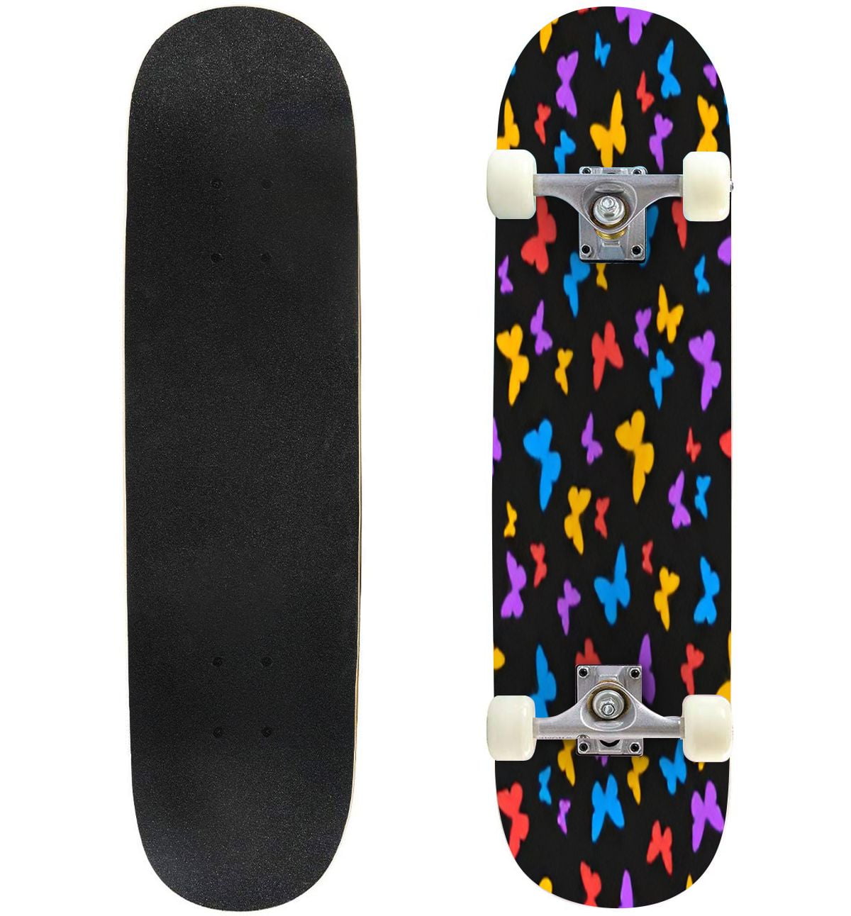 Skateboards for Beginners Seamless pattern colorful butterflies black ...