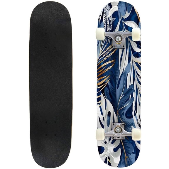 Skateboards for Beginners Seamless white tropical leaves elements blue leopard 31"x8" Maple Double Kick Concave Boards Complete Skateboards Outdoor for Adults family friends Gifts