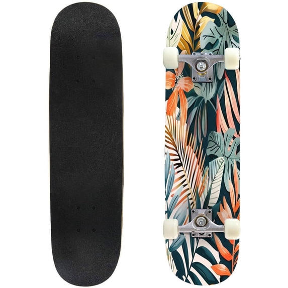 Skateboards for Beginners seamless Tropical plants leaves dark Hawaiian style Botanical for 31"x8" Maple Double Kick Concave Boards Complete Skateboards Outdoor for Adults family friends Gifts