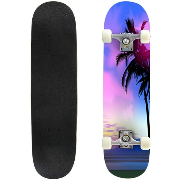 Skateboards Summer tropical beach palms sky sunrise sunset poster flyer Summertime Maple Double Kick Standard Skateboard Pro Complete Outdoor for Beginners Adult Gift 31"x8"