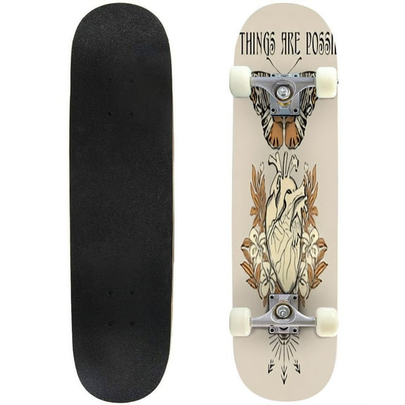 Skateboards slogan Heart butterfly flower hand drawn Vintage Anatomical floral Maple Double Kick Standard Skateboard Pro Complete Outdoor for Beginners Adult Gift 31"x8"