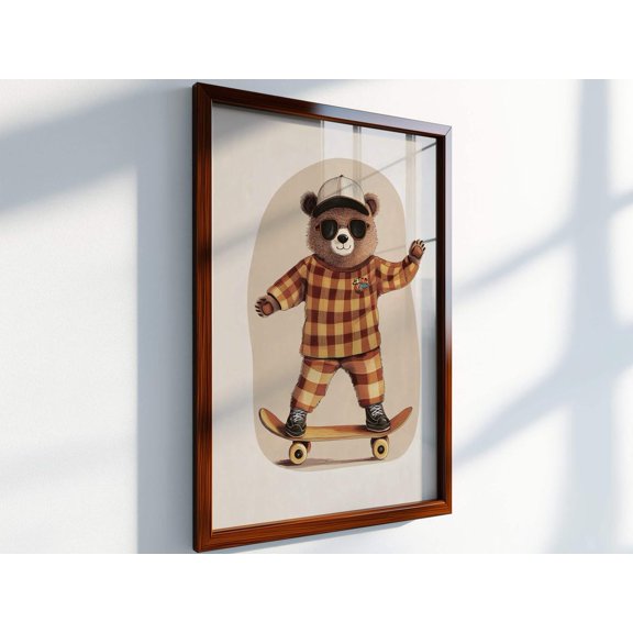 Skater Bear Plaid Outfit Animal Wall Art, Unframed Canvas Size 24x36