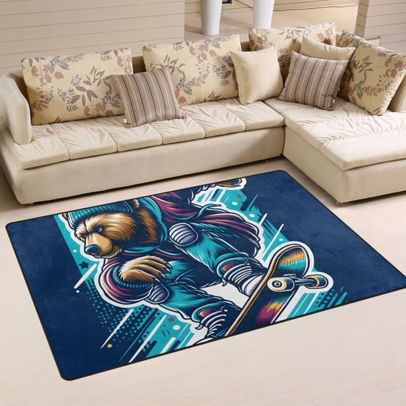 Skater Bear Skateboard Area Rug Washable Floor Carpet Mat 60 x 39 inch for Bedroom Living Room Kids Room Home Decor