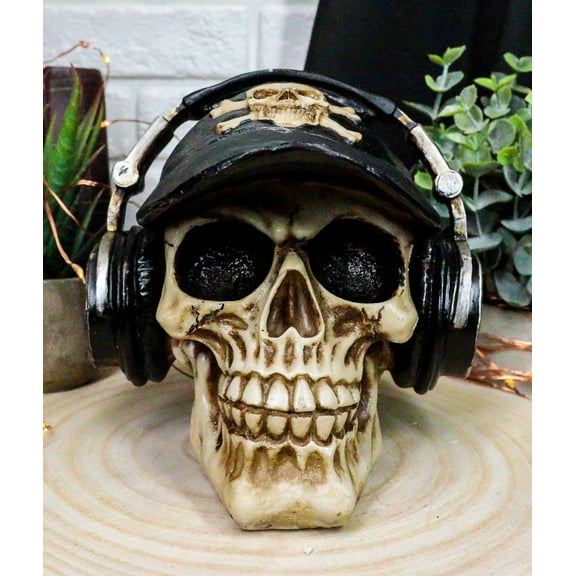 Skater Boy R&B Funk Rap Music Fanatic With Headphones Set And Black Hat Skull