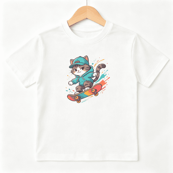 Skater Cat Skateboard Cool Boys Graphic Tees Streetwear Kids T-Shirt 100% Cotton Short Sleeve Tops Ages 4-13Y