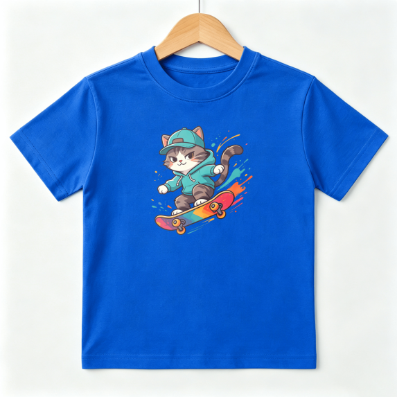 Skater Cat Skateboard Cool Boys Graphic Tees Streetwear Kids T-Shirt 100% Cotton Short Sleeve Tops Ages 4-13Y