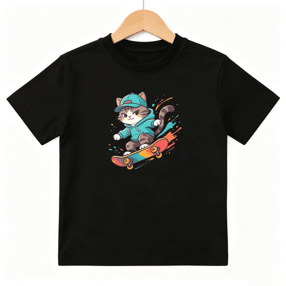 Skater Cat Skateboard Cool Boys Graphic Tees Streetwear Kids T-Shirt 100% Cotton Short Sleeve Tops Ages 4-13Y