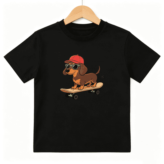 Skater Dachshund Boys Graphic Tee, Cute Dog Sunglasses Skateboard 100% Cotton Kids Short Sleeve T-Shirt