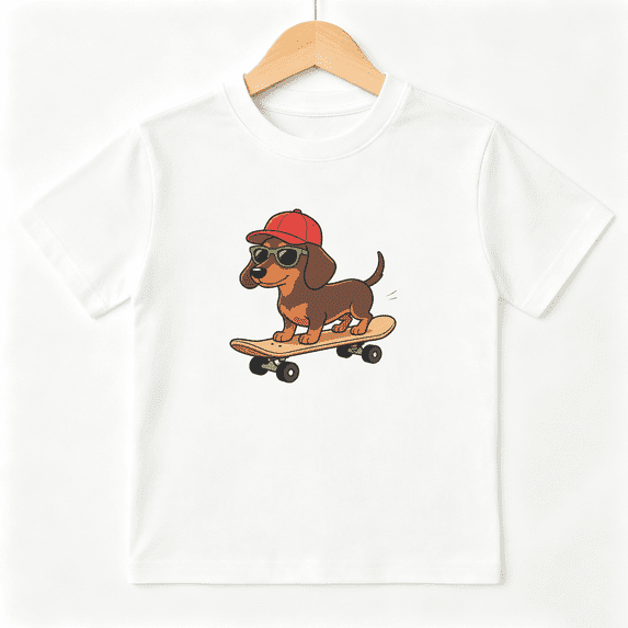 Skater Dachshund Boys Graphic Tee, Cute Dog Sunglasses Skateboard 100% Cotton Kids Short Sleeve T-Shirt