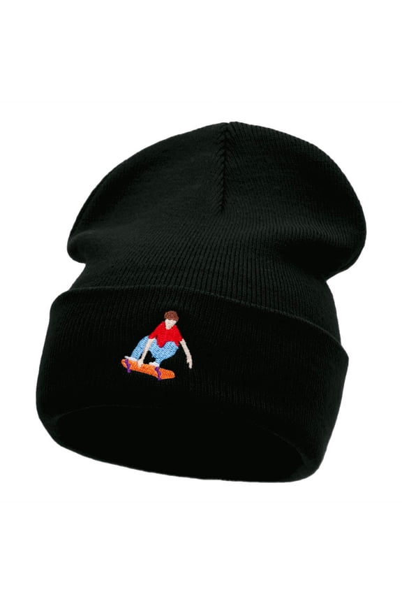 Skater Dude Embroidered 12 Inch Long Knitted Beanie - Black OSFM