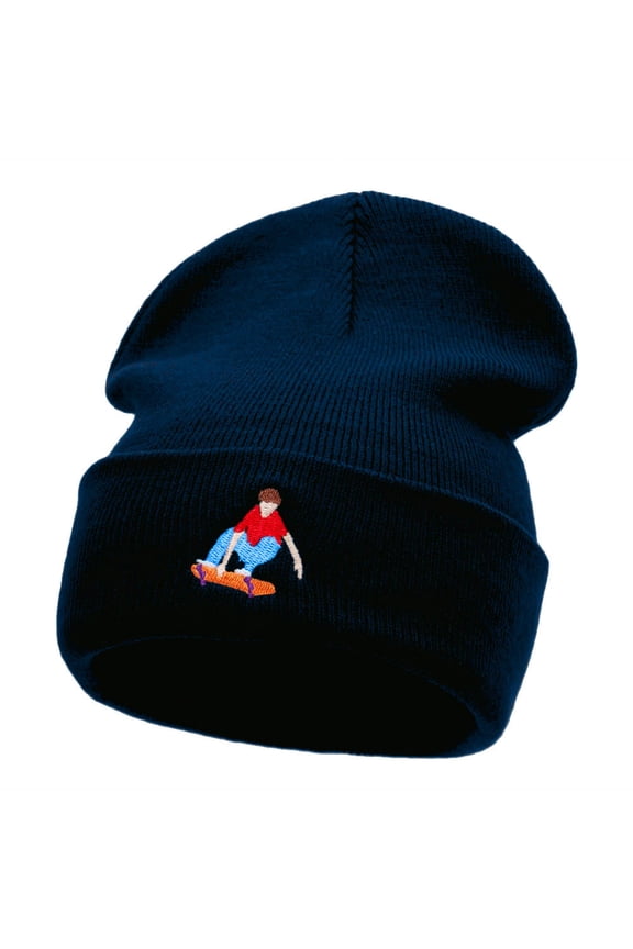 Skater Dude Embroidered 12 Inch Long Knitted Beanie - Navy OSFM