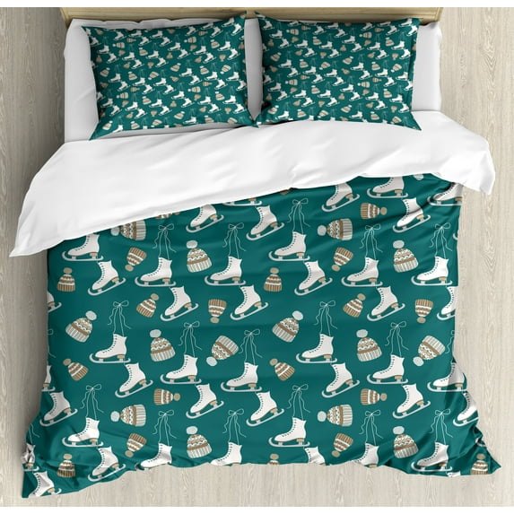 Skater Duvet Cover Set, Winter Sports Ice Skating Objects and a Took Noel Hockey Hobby Theme, Decorative 3 Piece Bedding Set with 2 Pillow Shams, Calking Size, Pale Brown White and Teal, by Ambesonne