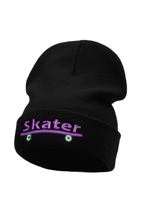 Skater Embroidered 12 Inch Long Knitted Beanie - Black OSFM