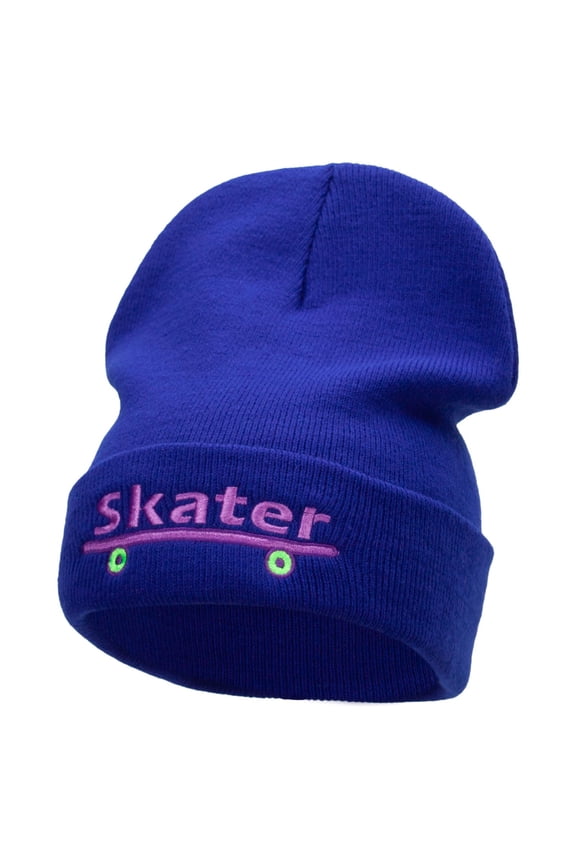 Skater Embroidered 12 Inch Long Knitted Beanie - Royal OSFM