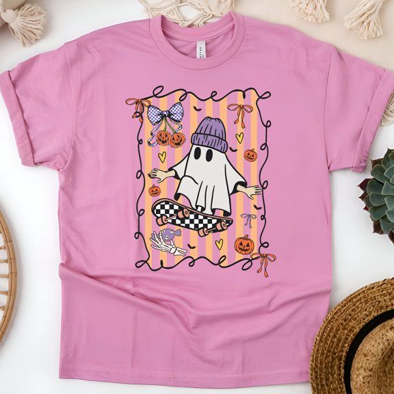 Skater Ghost Graphic T-Shirt | Unisex Spooky Season Outfit, Azalea, Size L