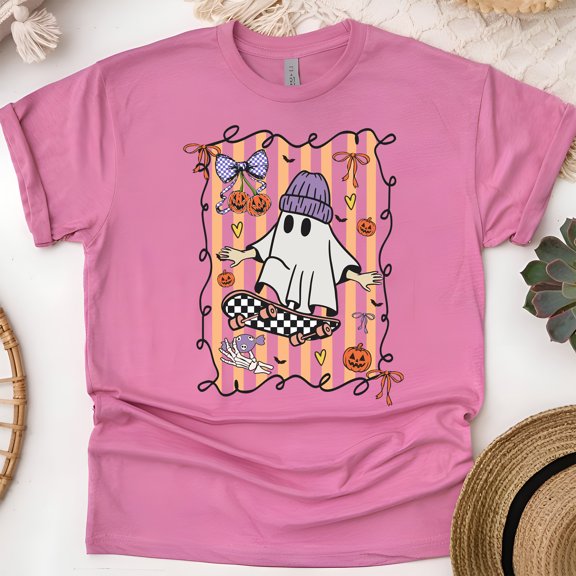 Skater Ghost Graphic T-Shirt | Unisex Spooky Season Outfit, Heliconia, Size 3XL