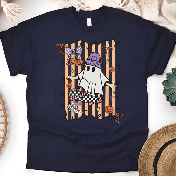 Skater Ghost Graphic T-Shirt | Unisex Spooky Season Outfit, Navy, Size 3XL