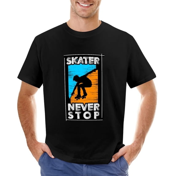 Skater Never Stop Vintage T-shirt Mens Cotton Classic Crewneck Short Sleeve Tees Unisex Black 4XL