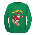 thumbnail image 1 of Skater Santa Claus Ho Ho Ho Ollie Ugly Christmas Youth Kids Long Sleeve T-Shirt Medium Green, 1 of 3