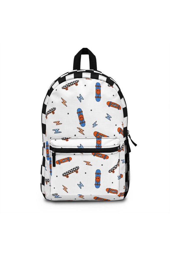 Skater Skateboard Pattern Backpack | Checkerboard Sides, Lightning Bolts