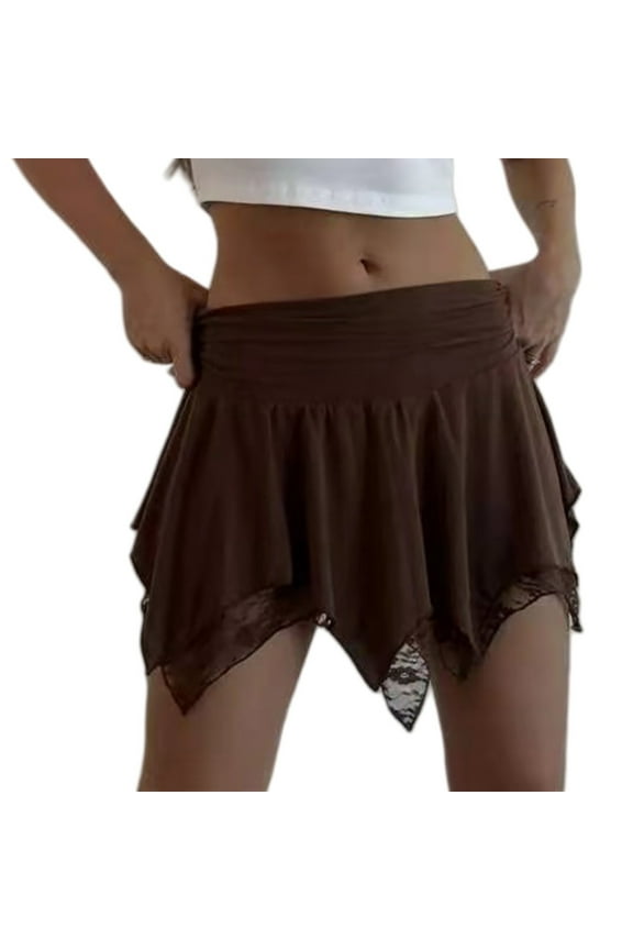 Skater Skirt for Women Womens Mini Skirt Flowy Layered Lace Skirt Asymmetrical Short Skirts for Women High Waist Asymmetrical Hem Flowy Tierd Layer Gothic Mini Skirts Brown L