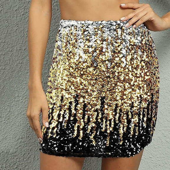 Skater Skirt Women's Sequin Sparkly Skirt Stretchy Bodycon Mini Skirts Dressy Casual Party Wear Gold L