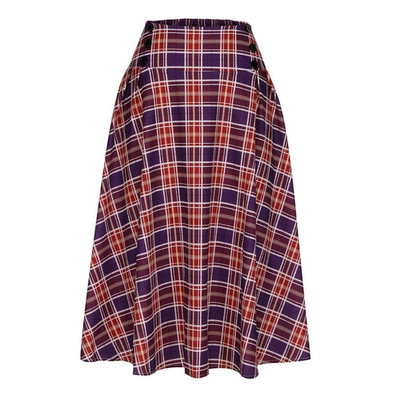Skater Skirt for Women Women's Pleated Skirt Elastic High Waist A-Line Flowy Vintage Plaid Long Skirt Purple XL