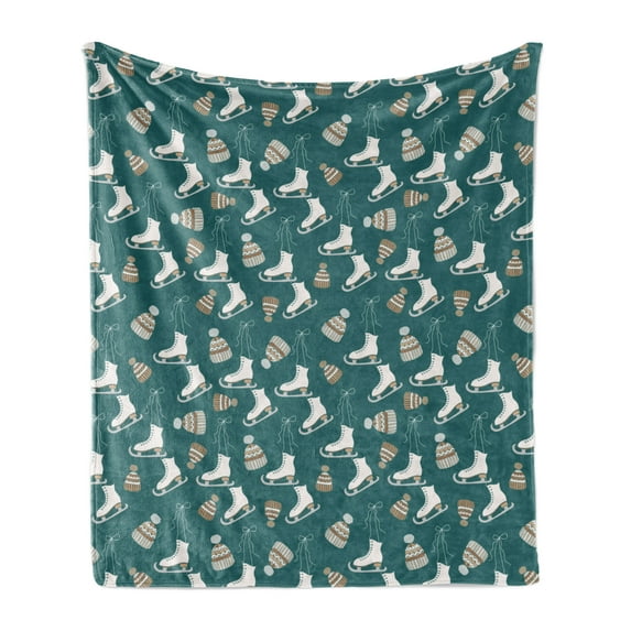 Skater Soft Flannel Fleece Blanket, Winter Sports Ice Skating Objects and a Took Noel Hockey Hobby Theme, Cozy Plush for Indoor and Outdoor Use, 70" x 90", Pale Brown White and Teal, by Ambesonne