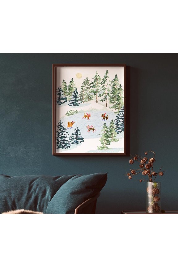 Skating Dogs Art Print Charming Winter Pups on Ice, Unframed Paper Print