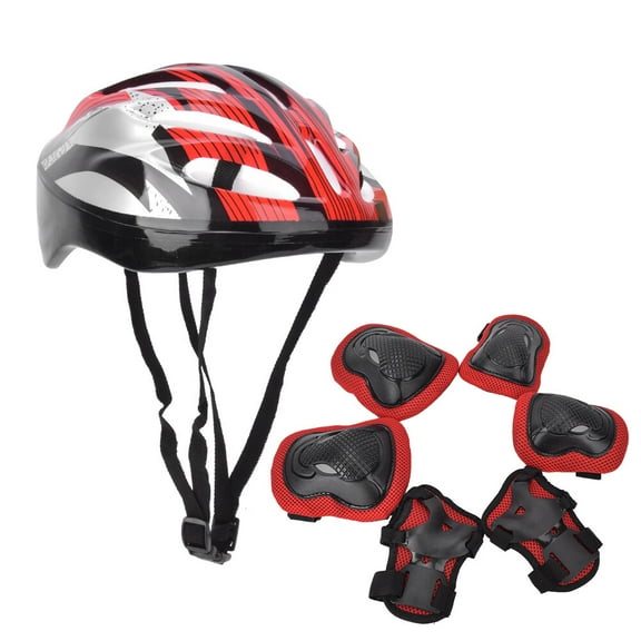 Skating Knee Pads, Protection Gear Set, Elbow Pads + Gloves + Helmet For Scooter Riding Sports  Outdoor Roller Skates Red Adult