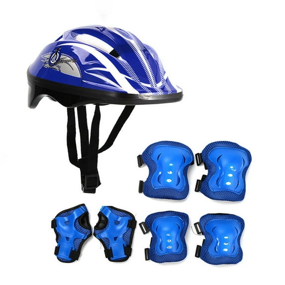 Skating Protective Gear Set | ABS Impact-Resistant Helmet with Knee, Elbow, Hand Guards | 7 Piece Pack | Adjustable Fit | Breathable Padding | Rollerblading | Blue, Red | 53-54cm Circumference