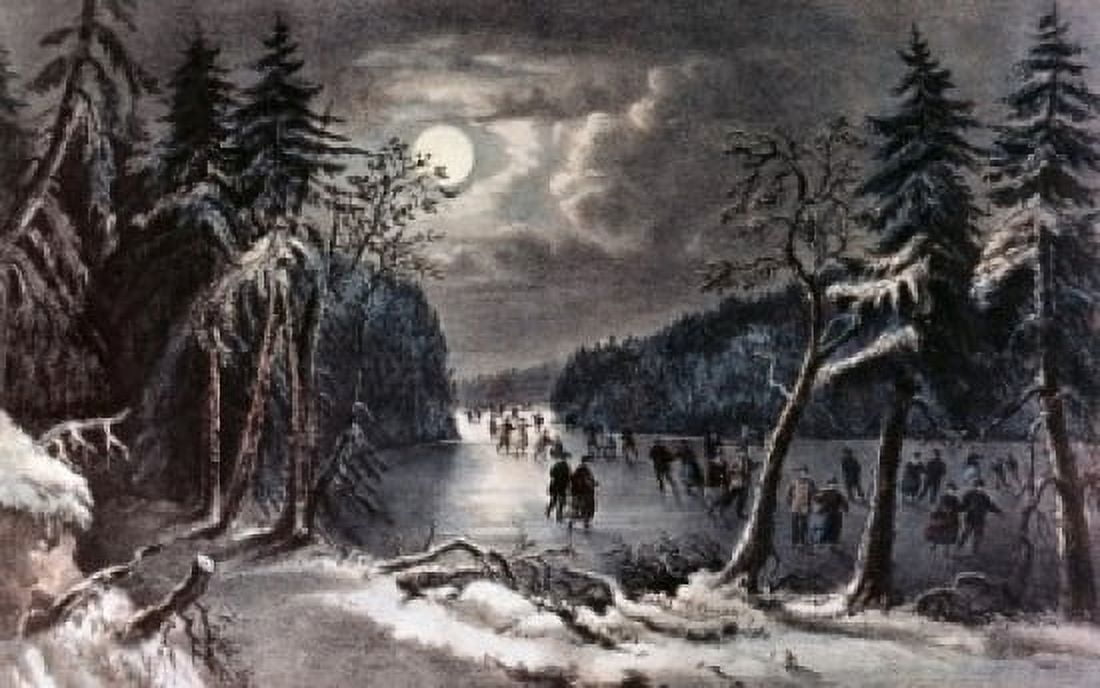 Skating Scene - Moonlight 1868 Currier and Ives (active 1857-1907American) Canvas Art - Currier & Ives (24 x 36)
