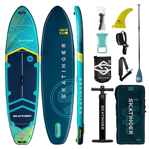 Skatinger 11'635" Super Wide Inflatable Paddle Board, Ultra Stable Stand Up Paddleboards for 450lb/3 People/Family/Big Size w/Shoulder Strap, 100L Backpack, All-Round Sup Board, US Fin