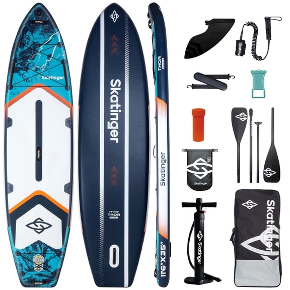 Skatinger 11'635" Super Wide Inflatable Paddle Board, Ultra Stable Stand Up Paddleboards for 420lb/3 People/Family/Big Size w/Shoulder Strap, 100L Backpack, All-Round Sup Board, US Fin